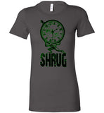 WOMEN'S T-SHIRT - "SHRUG": Black and Green graphic.